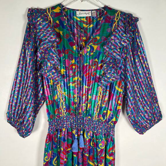 Vintage 80s Jaymee Papell Geometric Maxi Dress M Cinch Waist Ruffle Tassels - Picture 3 of 7